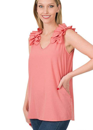 Woven Wool Dobby Ruffle Trim Sleeveless Top - MimiStylez