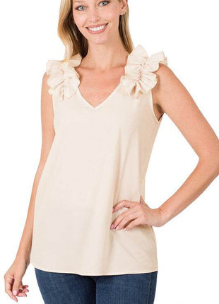 Woven Wool Dobby Ruffle Trim Sleeveless Top - MimiStylez