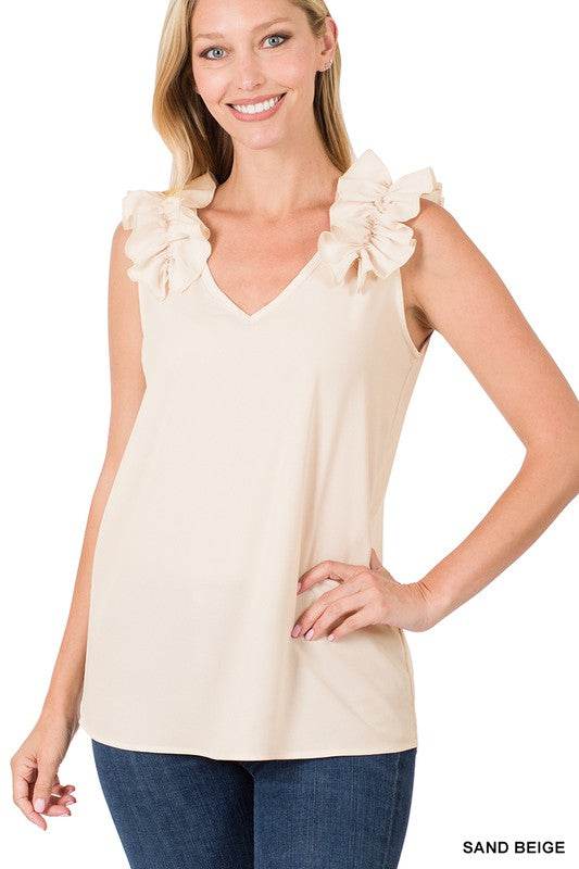 Woven Wool Dobby Ruffle Trim Sleeveless Top - MimiStylez