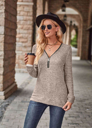 Half-Zip V-Neck Long Sleeve Top - MimiStylez