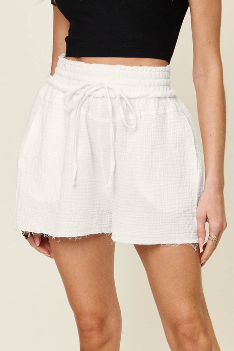 Double Take Full Size Texture Raw Trim Drawstring Shorts - MimiStylez