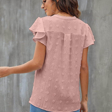 Swiss Dot Notched Cap Sleeve Blouse - MimiStylez