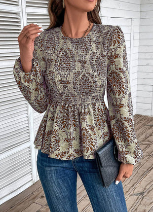 Smocked Printed Balloon Sleeve Blouse - MimiStylez
