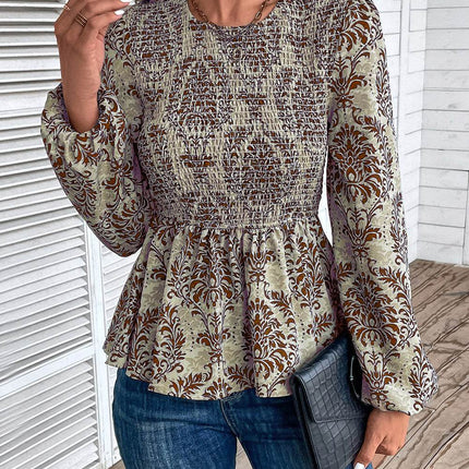 Smocked Printed Balloon Sleeve Blouse - MimiStylez