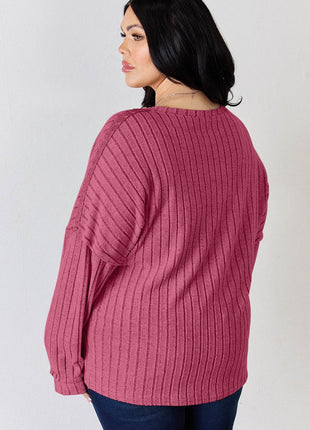 Basic Bae Full Size Ribbed Half Button Long Sleeve T-Shirt - MimiStylez