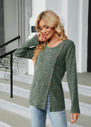 Buttoned Long Sleeve Slit Top - MimiStylez