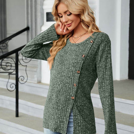 Buttoned Long Sleeve Slit Top - MimiStylez