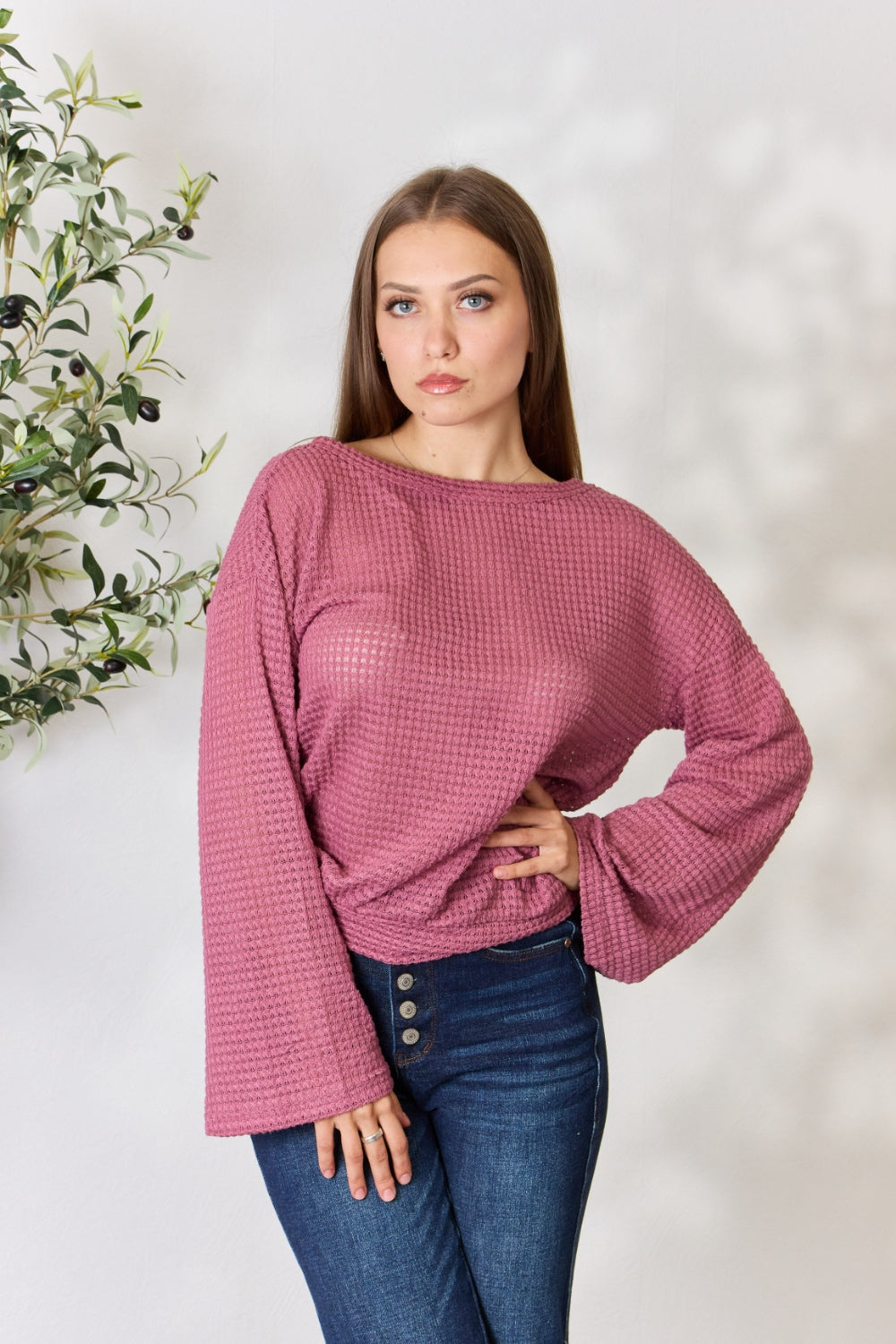 Culture Code Full Size Waffle-Knit Round Neck Long Sleeve Blouse