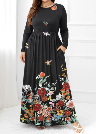 Plus Size Round Neck Maxi Dress with Pockets - MimiStylez