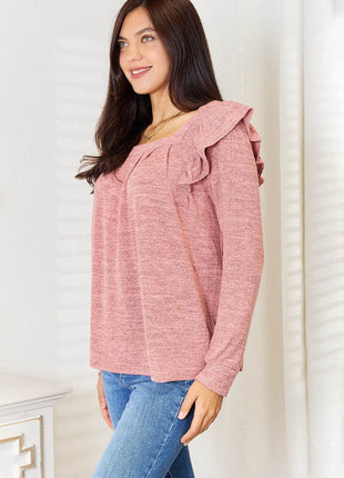 Double Take Square Neck Ruffle Shoulder Long Sleeve T-Shirt - MimiStylez