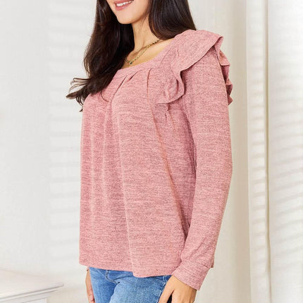 Double Take Square Neck Ruffle Shoulder Long Sleeve T-Shirt - MimiStylez