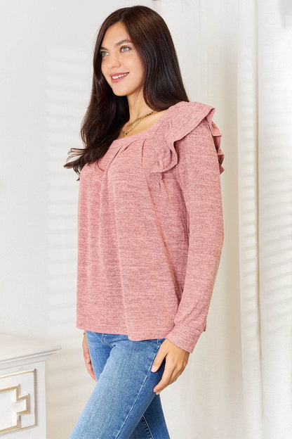 Double Take Square Neck Ruffle Shoulder Long Sleeve T-Shirt - MimiStylez