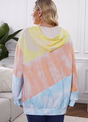Plus Size Drawstring Color Block Dropped Shoulder Hoodie - MimiStylez