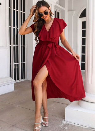 Ruffled Surplice Tie Waist Slit Midi Dress - MimiStylez
