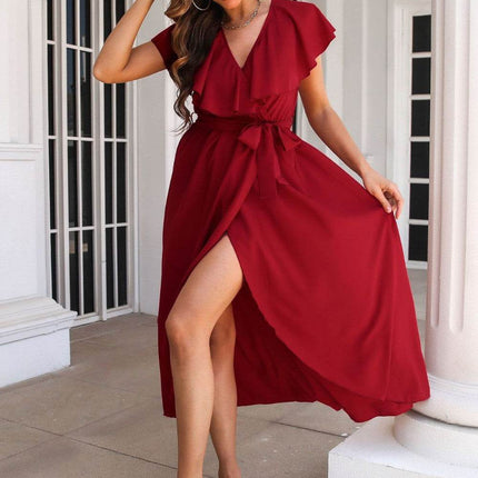 Ruffled Surplice Tie Waist Slit Midi Dress - MimiStylez
