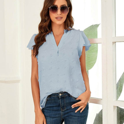 Swiss Dot Notched Cap Sleeve Blouse - MimiStylez
