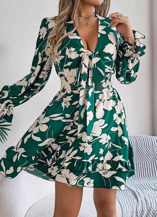 Tied Ruffled Printed Long Sleeve Dress - MimiStylez