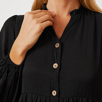 Ruffled Button Up Long Sleeve Tiered Shirt - MimiStylez
