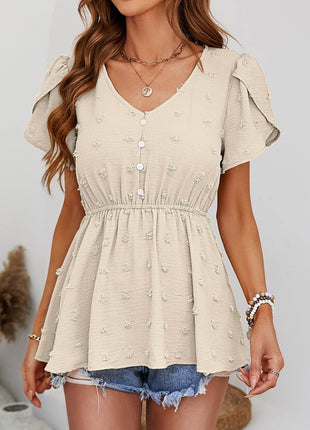 Swiss Dot Buttoned Petal Sleeve Peplum Blouse - MimiStylez