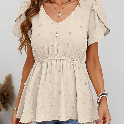 Swiss Dot Buttoned Petal Sleeve Peplum Blouse - MimiStylez