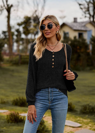 Round Neck Button-Down Long Sleeve Tee - MimiStylez