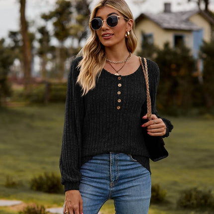 Round Neck Button-Down Long Sleeve Tee - MimiStylez