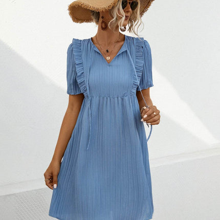 Tie Neck Short Sleeve Mini Dress - MimiStylez