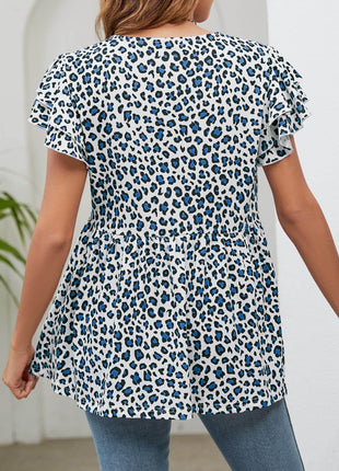 Leopard Round Neck Flutter Sleeve Babydoll Blouse - MimiStylez