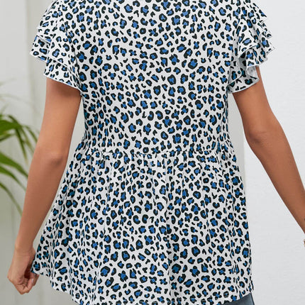 Leopard Round Neck Flutter Sleeve Babydoll Blouse - MimiStylez
