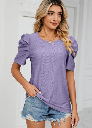 Eyelet Puff Sleeve Round Neck Blouse - MimiStylez