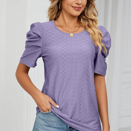 Eyelet Puff Sleeve Round Neck Blouse - MimiStylez