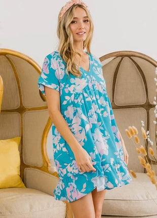 BiBi Floral Crinkle Shirred Ruffle Detail V Neck Dress - MimiStylez