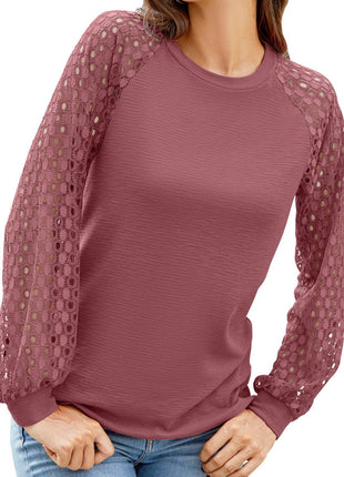 Full Size Eyelet Round Neck Long Sleeve T-Shirt - MimiStylez