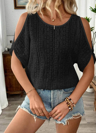 Eyelet Cold Shoulder Round Neck Blouse - MimiStylez