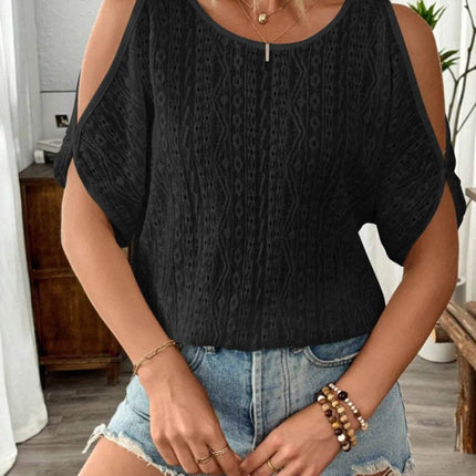 Eyelet Cold Shoulder Round Neck Blouse - MimiStylez