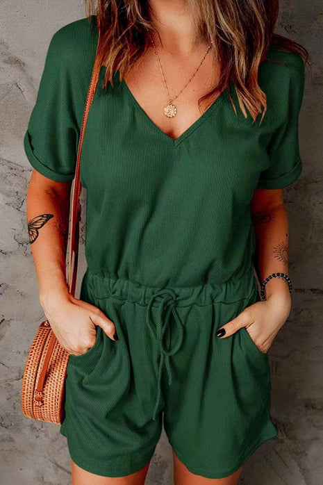 Full Size Drawstring V-Neck Short Sleeve Romper - MimiStylez