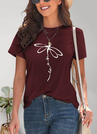 Dragonfly Graphic Round Neck Short Sleeve T-Shirt - MimiStylez