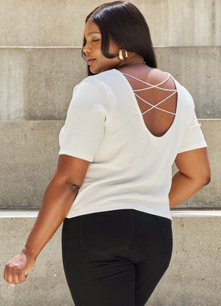 And The Why Pearly White Full Size Criss Cross Pearl Detail Open Back T-Shirt - MimiStylez