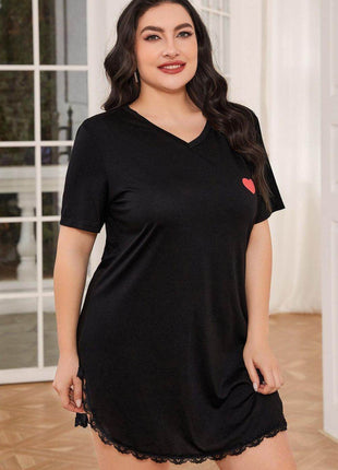 Plus Size Lace Trim V-Neck Short Sleeve Night Dress - MimiStylez