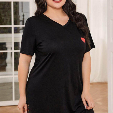 Plus Size Lace Trim V-Neck Short Sleeve Night Dress - MimiStylez