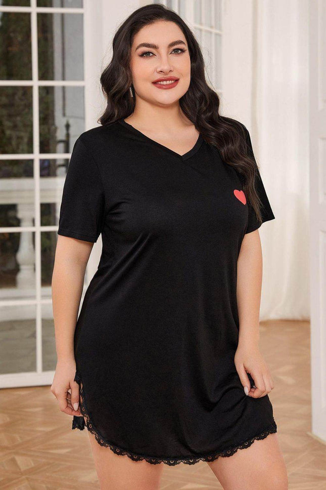 Plus Size Lace Trim V-Neck Short Sleeve Night Dress - MimiStylez