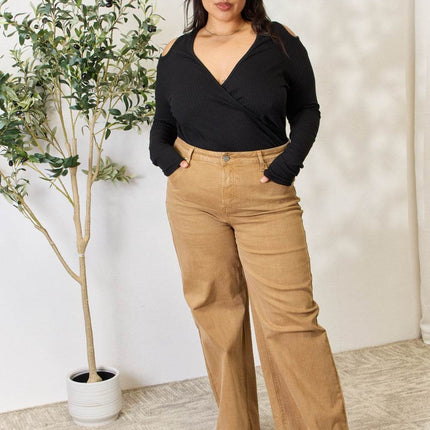 Culture Code Full Size Ribbed Surplice Cold Shoulder Top - MimiStylez