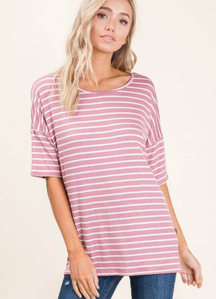 BOMBOM Striped Round Neck Half Sleeve T-Shirt - MimiStylez