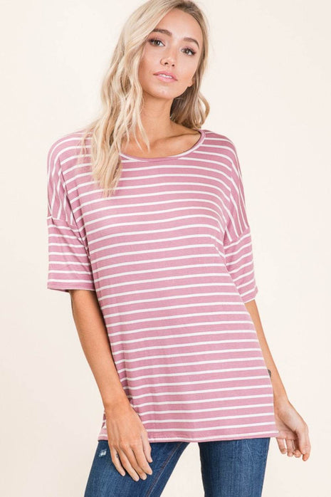 BOMBOM Striped Round Neck Half Sleeve T-Shirt - MimiStylez
