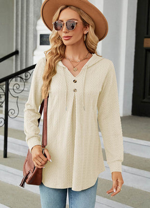 Decorative Button Drawstring Long Sleeve Hoodie - MimiStylez