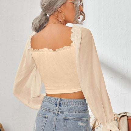 Mesh Sweetheart Neck Flounce Sleeve Top - MimiStylez