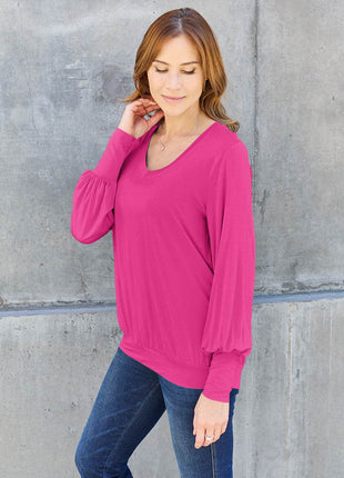 Basic Bae Full Size V-Neck Lantern Sleeve Blouse - MimiStylez