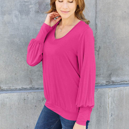 Basic Bae Full Size V-Neck Lantern Sleeve Blouse - MimiStylez