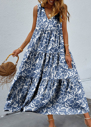 Tiered Printed V-Neck Sleeveless Dress - MimiStylez