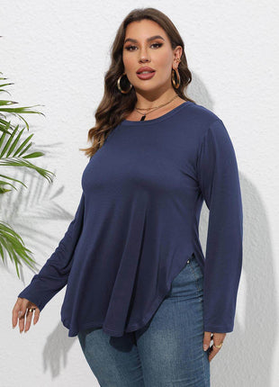 Plus Size Round Neck Long Sleeve Slit T-Shirt - MimiStylez